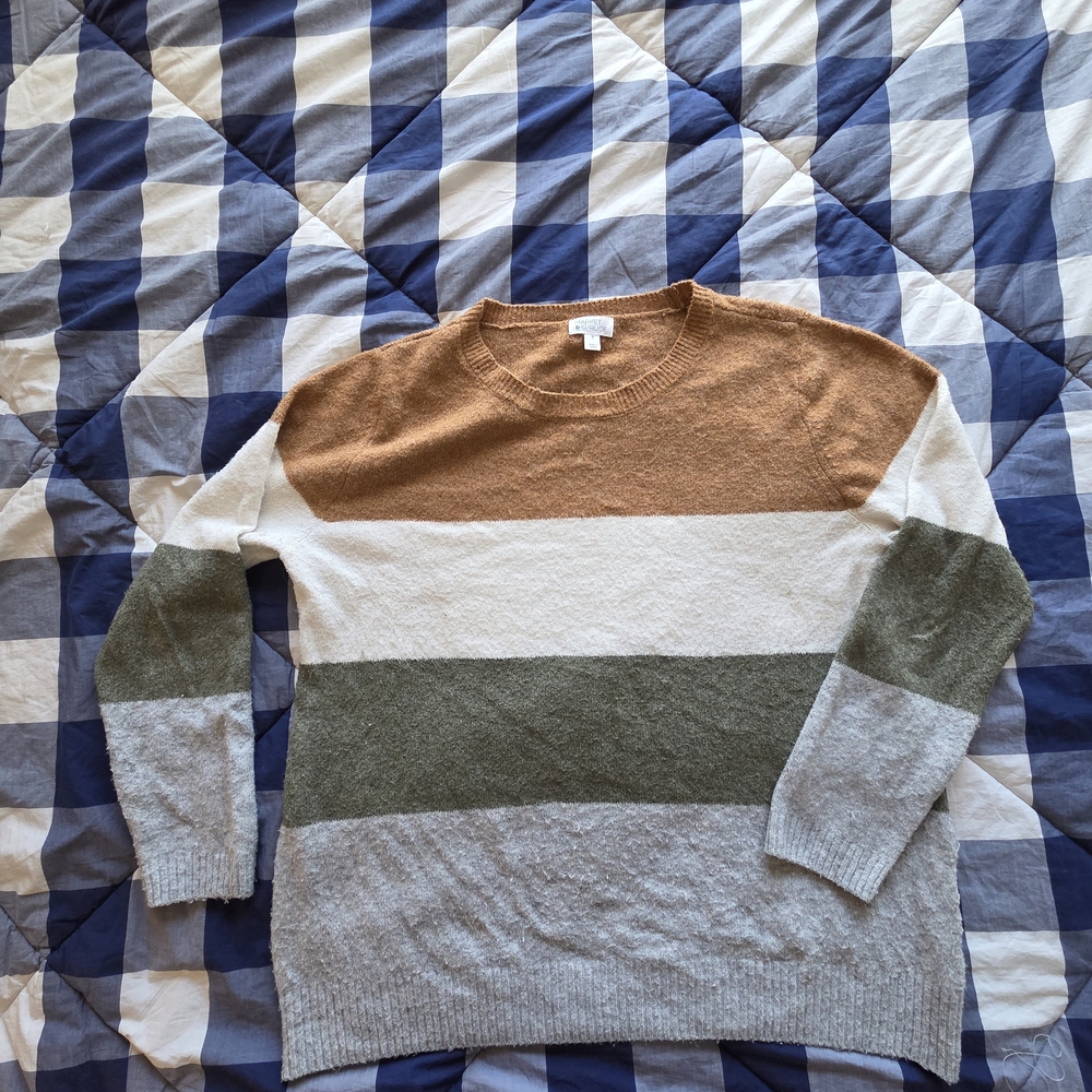 Market & Spruce Womens Striped Crewneck Sweater - Brown, Olive, Light Gray